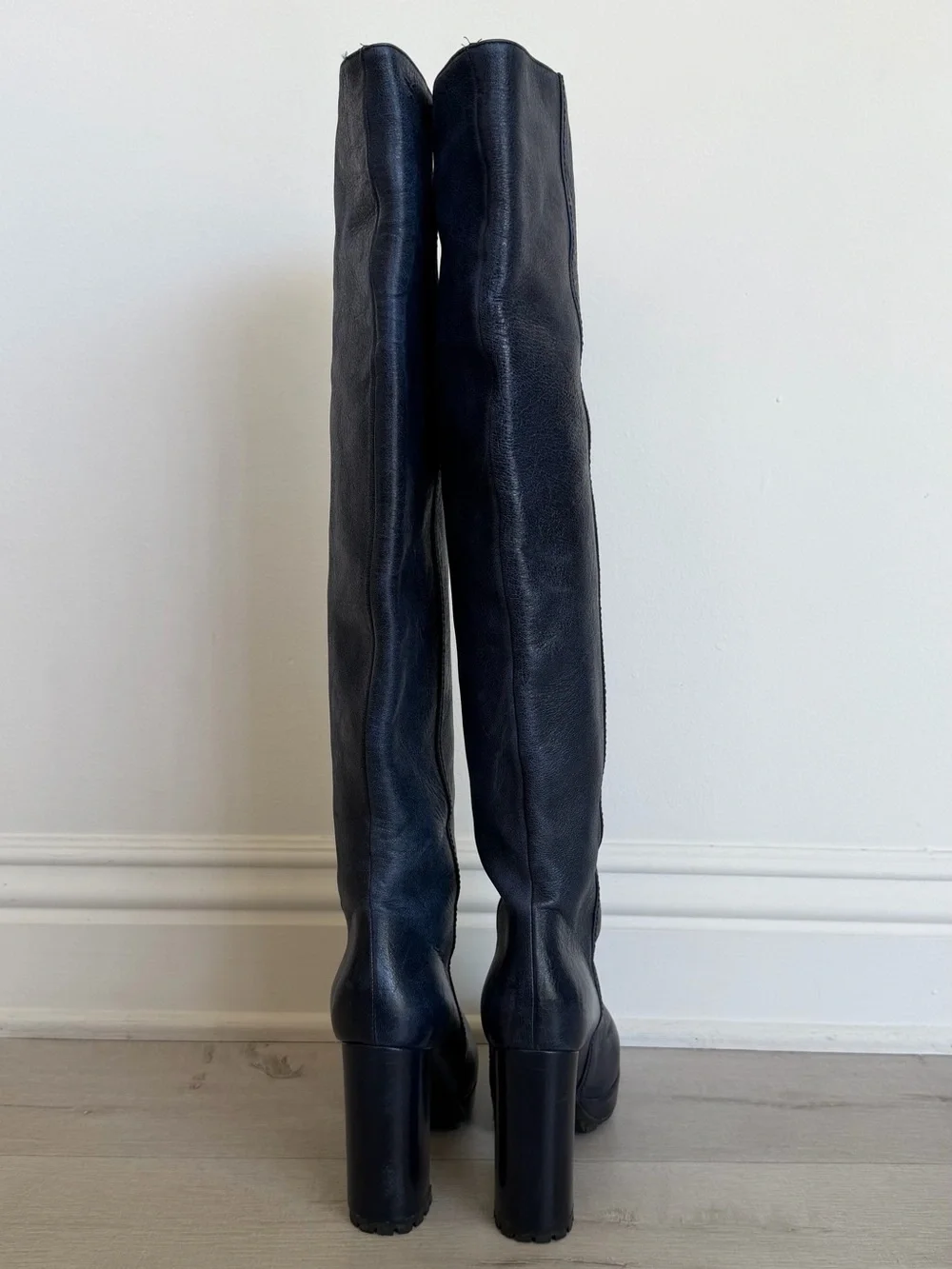 Classic Black Knee-High Leather Boots - Women's Tall Platform Heel